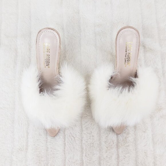 Furry Pointy Toe Slip On Gold Tone Slim Heels Nude - Picture 8 of 11
